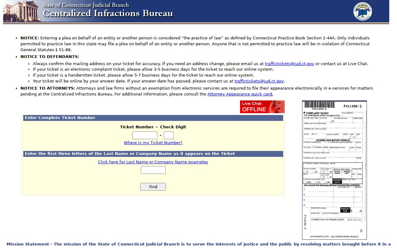 Connecticut CIB ticket search fields for a Stratford infraction