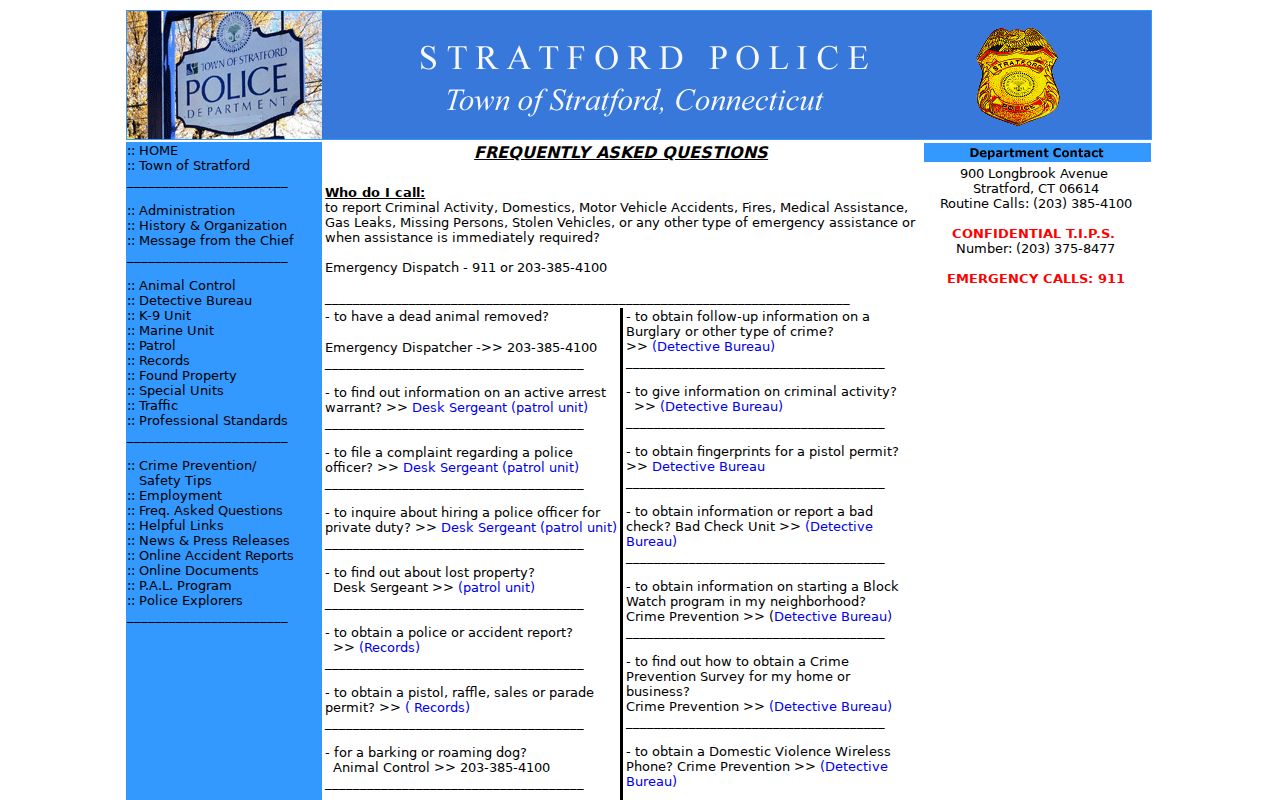 Stratford Police FAQ directing active warrant questions to the Desk Sergeant