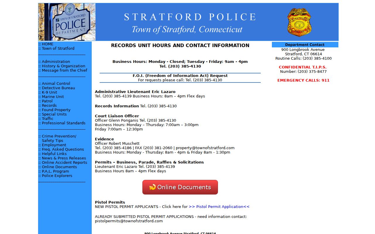 Stratford Police Records Unit official contact and hours