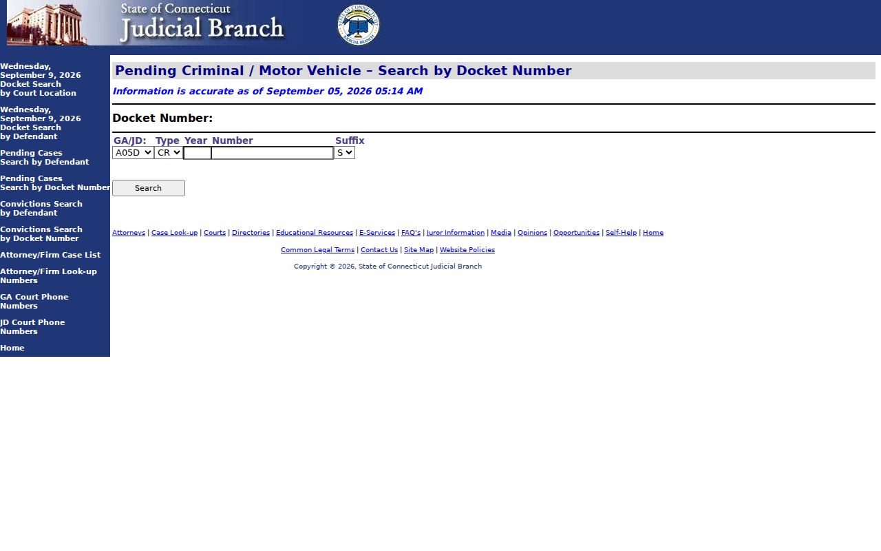 Connecticut pending criminal docket number search fields