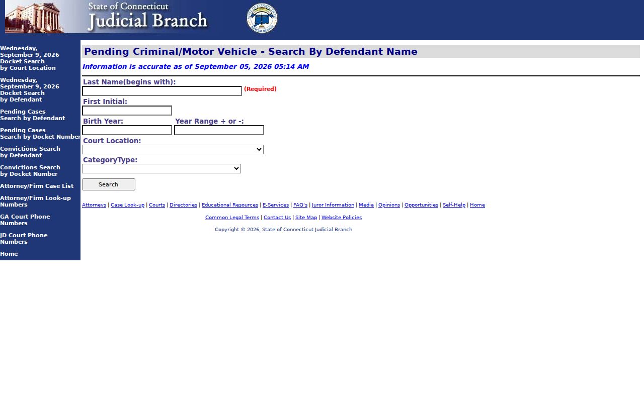 Connecticut pending criminal and motor vehicle defendant search controls