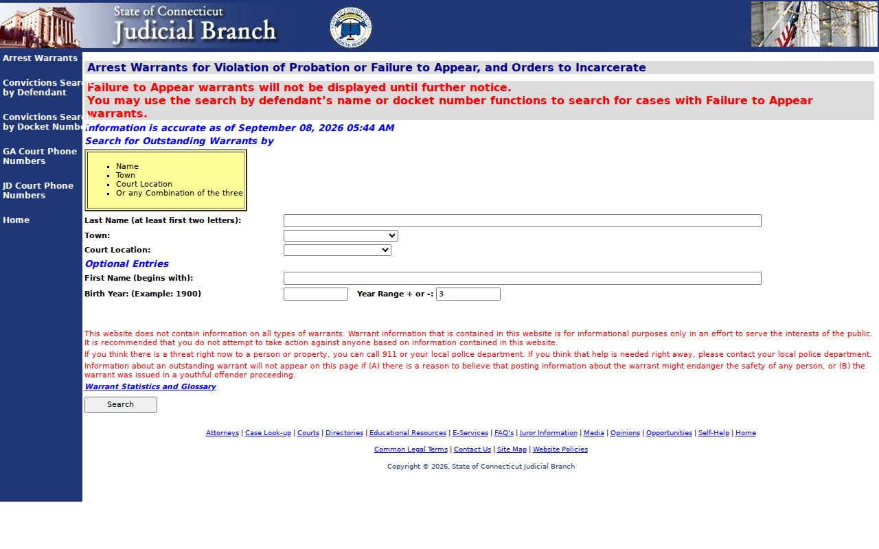 Connecticut Judicial Branch public VOP and FTA warrant search controls